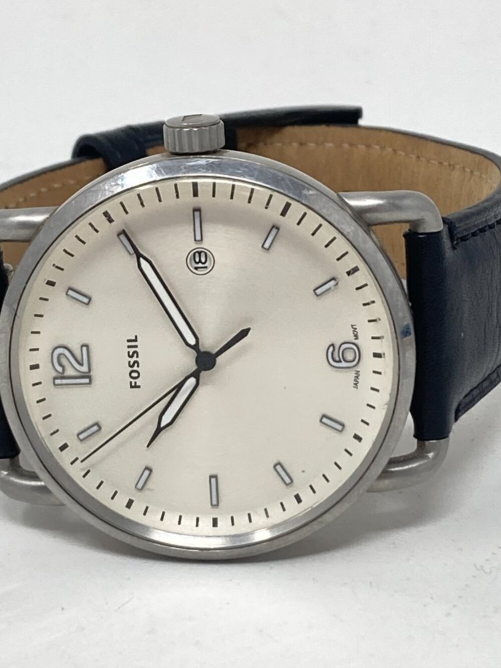 Fossil Commuter Mens Watch 52mm Silver Tone Date Black Leather New Battery - Picture 10 of 15